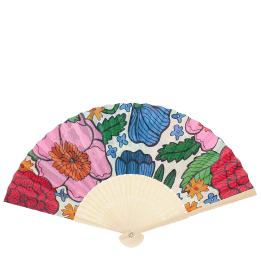 Vintage floral recycled paper hand fan with colourful flower pattern and cream folding handle.