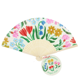 Spring floral recycled paper hand fan with colourful flower pattern and cream folding handle.