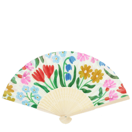 Spring floral recycled paper hand fan with colourful flower pattern and cream folding handle.