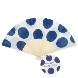  Blue polka dot recycled paper hand fan with cream folding handle and colourful circular pattern.