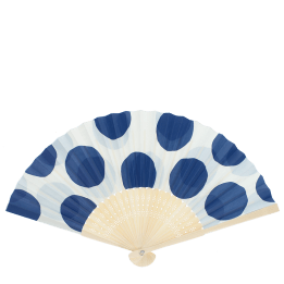 Blue polka dot recycled paper hand fan with cream folding handle and colourful circular pattern.
