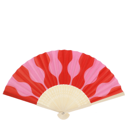 Pink and red abstract recycled paper hand fan with cream folding handle.