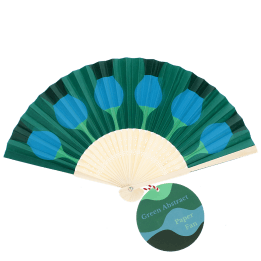 Green abstract recycled paper hand fan with cream folding handle.