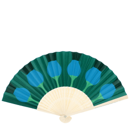 Green abstract recycled paper hand fan with cream folding handle.