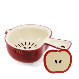 Red apple-shaped colander with handle and matching hanging apple tag