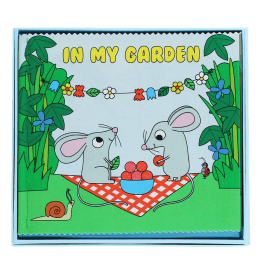 Baby first book featuring a mouse in a garden scene.