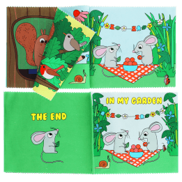 Open pages of Baby First Book showing illustrated mice, birds, plants and garden scenes.