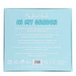 Back cover of Baby First Book with product description, care symbols and safety marks.
