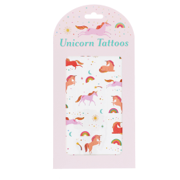 Pack of unicorn temporary tattoos featuring colourful unicorns, rainbows, moons and stars.