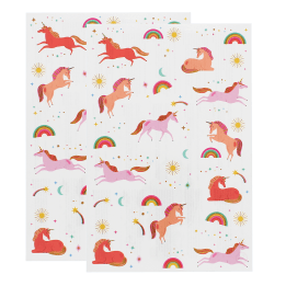 Two sheets of unicorn temporary tattoos with colourful unicorns, rainbows, stars and moons.