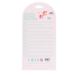 Back of unicorn temporary tattoos pack with instructions, ingredients and safety information.