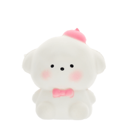 White bear squishy toy with pink bow tie and hat, featuring a soft rounded design.