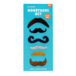 Self-adhesive moustache set with six novelty moustache styles on retail packaging..