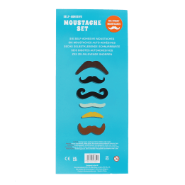 Back of self-adhesive moustache set packaging showing product details and barcode.