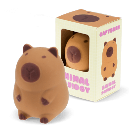 Brown capybara squishy toy with soft rounded design, shown beside matching display box.