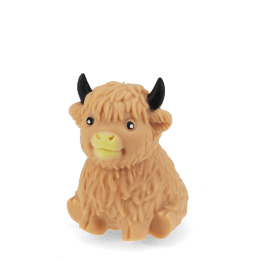 Highland cow squishy toy with textured fur, black horns and soft rounded design 