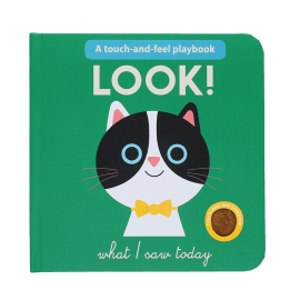 Touch-and-feel playbook featuring a black-and-white cat on a green cover.