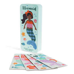 Mermaid magnetic dress-up set with illustrated tin case.