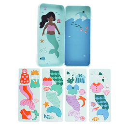 Open mermaid magnetic dress-up set with illustrated tin case and interchangeable magnetic outfit pieces.