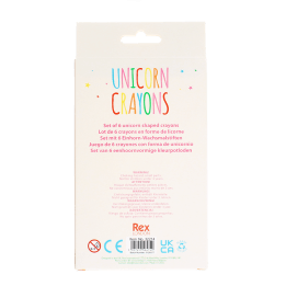 Back of unicorn crayon set packaging with product details and safety information.