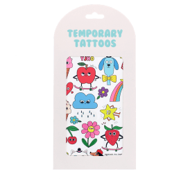 Pack of temporary tattoos featuring colourful cartoon fruit, flowers and rainbow characters.