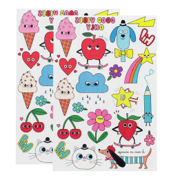 Two sheets of temporary tattoos featuring cartoon fruit, flowers, rainbow and clouds characters.