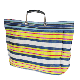 Large woven shopping bag with blue, yellow and white striped design and black handles.