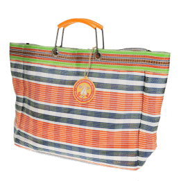 Large woven shopping bag with orange and blue striped pattern with orange handles