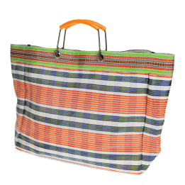 Large woven shopping bag with orange and blue striped pattern with orange handles