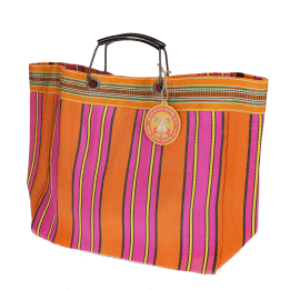 Large woven shopping bag with orange and pink striped design and black handles.