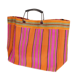 Large woven shopping bag with orange and pink striped design and black handles.