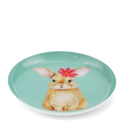 Round metal trinket tray featuring an illustrated rabbit with a red flower.