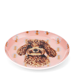 Round metal trinket tray featuring an illustrated brown dog with a decorative pattern.