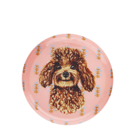 Round metal trinket tray featuring an illustrated brown dog with a decorative pattern.