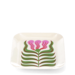 Rectangular trinket tray featuring a stylised pink and green retro floral design.