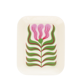 Rectangular trinket tray featuring a stylised pink and green retro floral design.