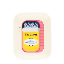 Rectangular trinket tray featuring a colourful sardines tin illustration with fish.