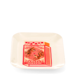 Rectangular trinket tray featuring a pink matchbox illustration with tigers and hearts.