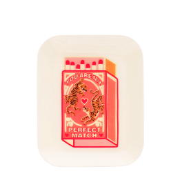 Rectangular trinket tray featuring a pink matchbox illustration with tigers and hearts.