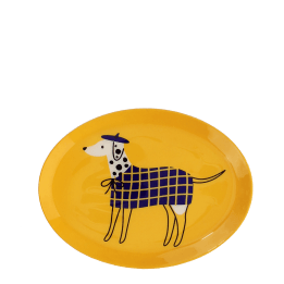 Oval yellow metal tray featuring an illustrated spotted dog wearing a blue checked coat and beret.