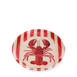 Oval metal trinket tray with a red lobster design on a red and cream striped background.