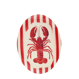 Oval metal trinket tray with a red lobster design on a red and cream striped background.