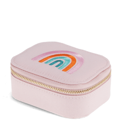 Light pink zip jewellery box with embroidered rainbow design and gold-coloured zip closure.