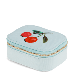 Light blue zip jewellery box with embroidered cherry design and gold-coloured zip closure.