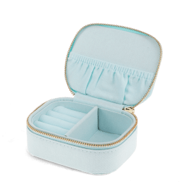 Open light blue jewellery box with ring rolls, storage compartments and interior pockets.