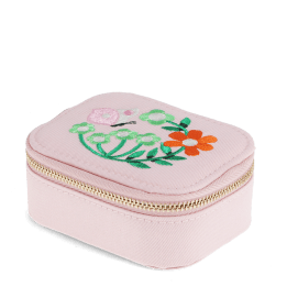 Light pink zip jewellery box with embroidered floral design and gold-coloured zip closure.