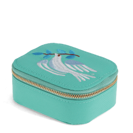 Turquoise zip jewellery box with embroidered dove design and gold-coloured zip closure.