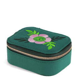Dark green zip jewellery box with embroidered pink flower design and gold-coloured zip closure.