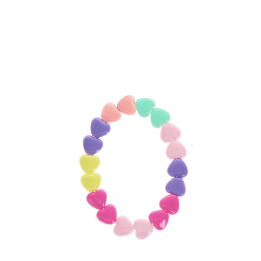 Heart-bead bracelet with colourful heart-shaped beads in pink, purple, yellow and turquoise.