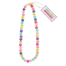 Heart-bead necklace with colourful heart-shaped beads shown with tag.